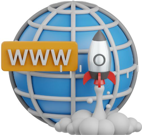Letters WWW. Image of a blue globe overlayed with latitude and longitude lines. A rocket ship blasting off.