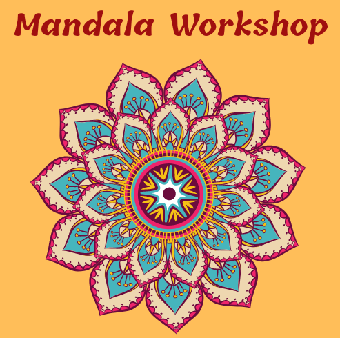 Mandala Workshop image. An illustration somewhat resembling a flower. Colors used include: red, tan, and green. Two layers of petals surround a central circle containing a star shape. The image background color is orange.