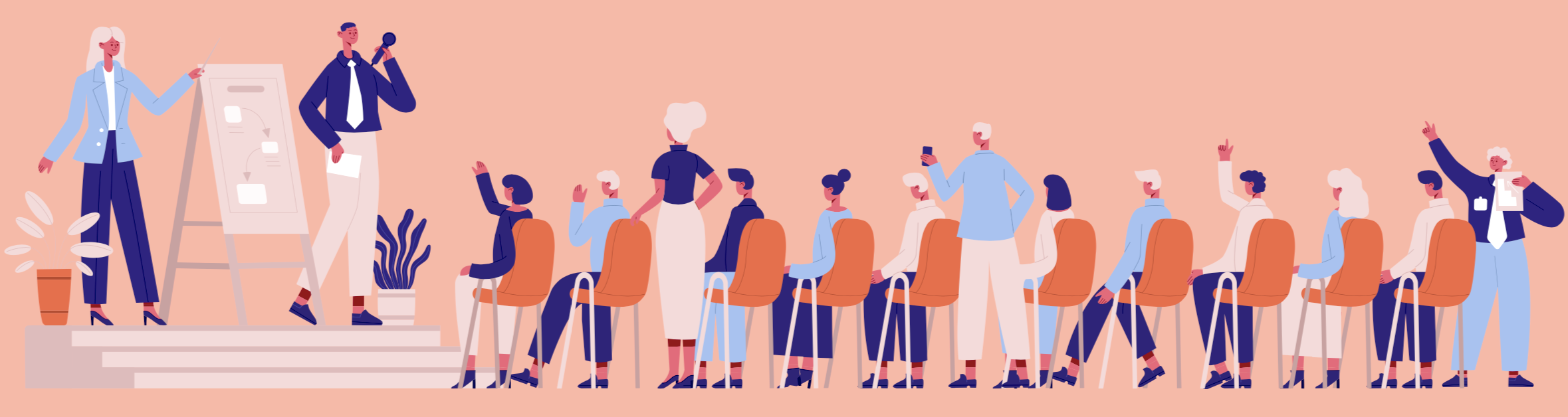 Illustration of a presentation. Two people stand on stage with an easel. Many people are seated, watching the presentation.