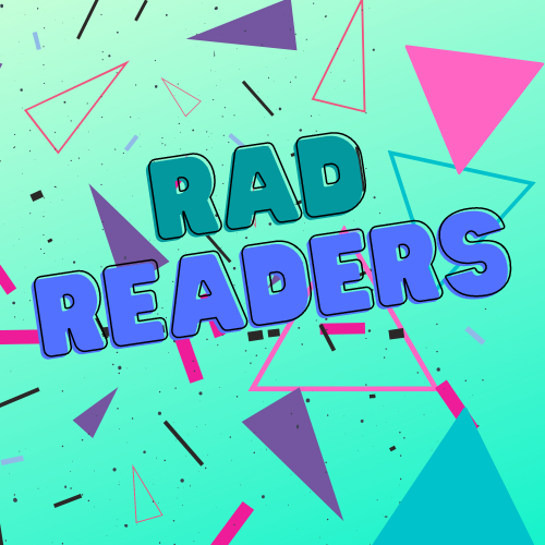 Rad Readers book club image. And illustration of triangles of various sizes,  shapes, and colors. The image background color is teal.