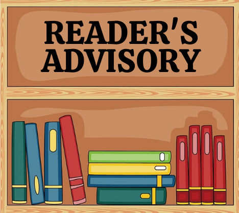 Reader’s Advisory. Books collected on a wooden shelf. Some books are standing upright, others are stacked flat.