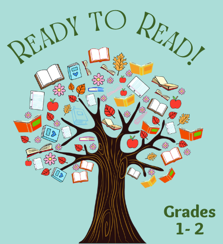 Ready to Read book club image. Grades 1 - 2. And illustration of a tree with dark brown bark. Along with leaves, there are books, both closed and open, and red apples in the tree's branches. There are also some pink flowers in the tree's branches.
