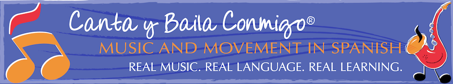 Canta y Baila Conmigo. Music and movement in Spanish. Real music. Real language. Real learning. A colorful illustration. An orange musical note with a red tilde character above. A red saxophone with black musical notes for feet. Purple sound wave lines are flowing out of the saxophone.