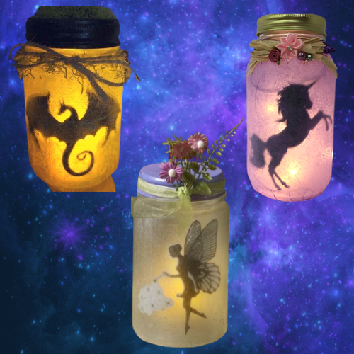 Three colorful jars, lit up from behind. Each jar is decorated with ribbon, flowers, and leaves around the lids. Inside the jars there is a dragon, a unicorn, and a winged fairy.