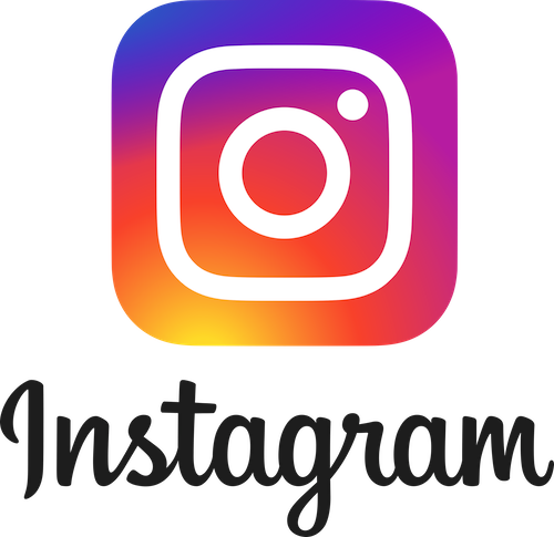 Instagram icon: a white camera lense outline on a rainbow colored background.